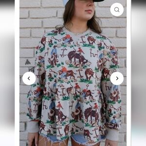 Two Fly Co NWT Cowhand Rhings Playful Horse Broncs And Cows Print Sweatshirt
